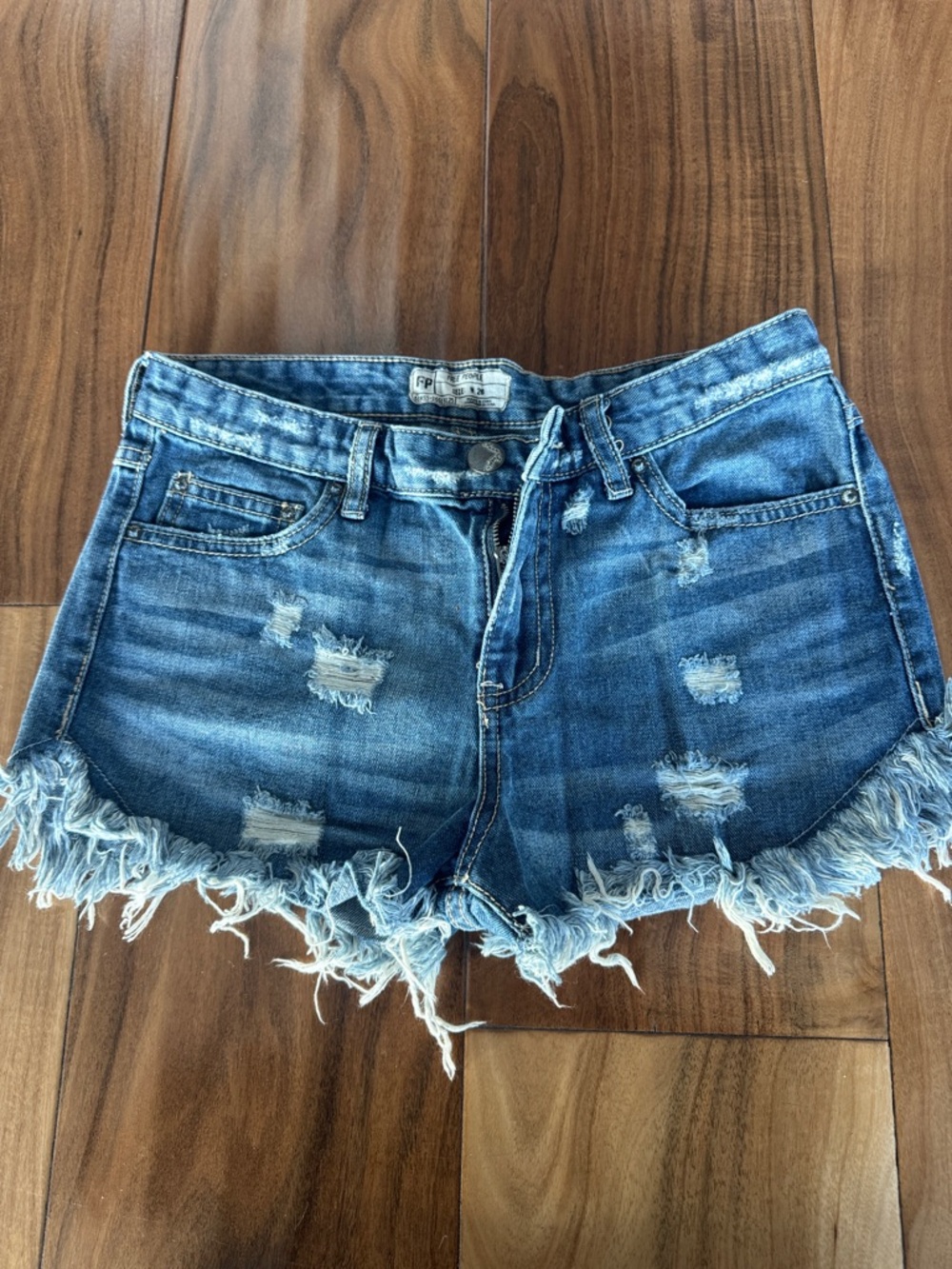 Free People: Frayed Hem Distressed Blue Denim Women's Shorts